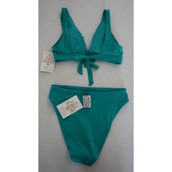 Becca x Rebecca Virtue Sz S Green Socialite Ruffle Top/French Cut Bikini Bottom - Picture 4 of 9